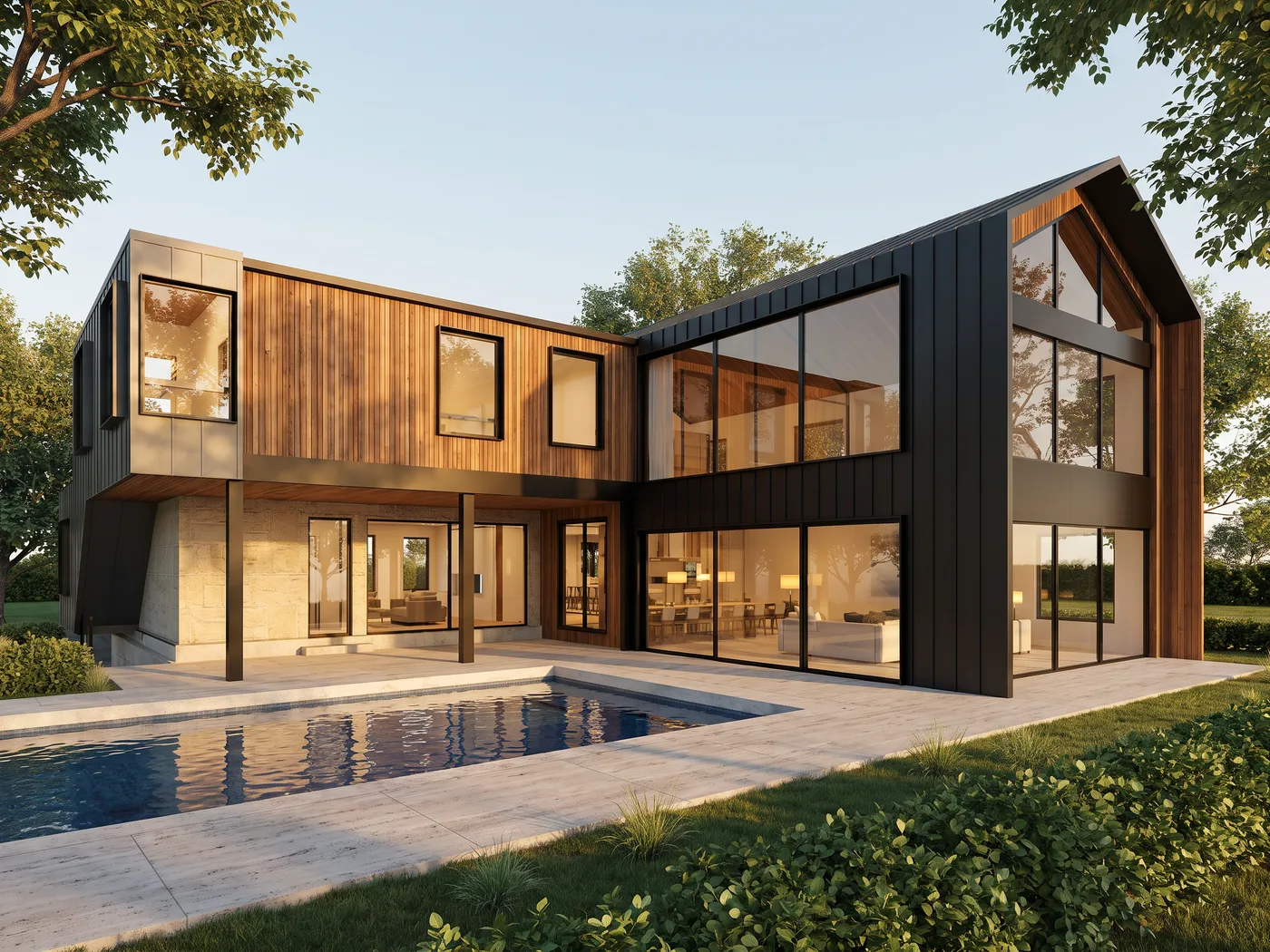 Architectural rendering of a modern custom home with cedar siding, black metal cladding and a pool