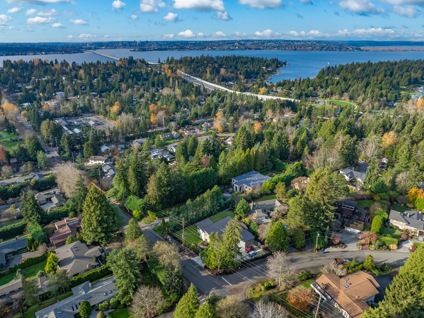 Aerial view of an Eastside neighborhood with Lake Washington in the distance