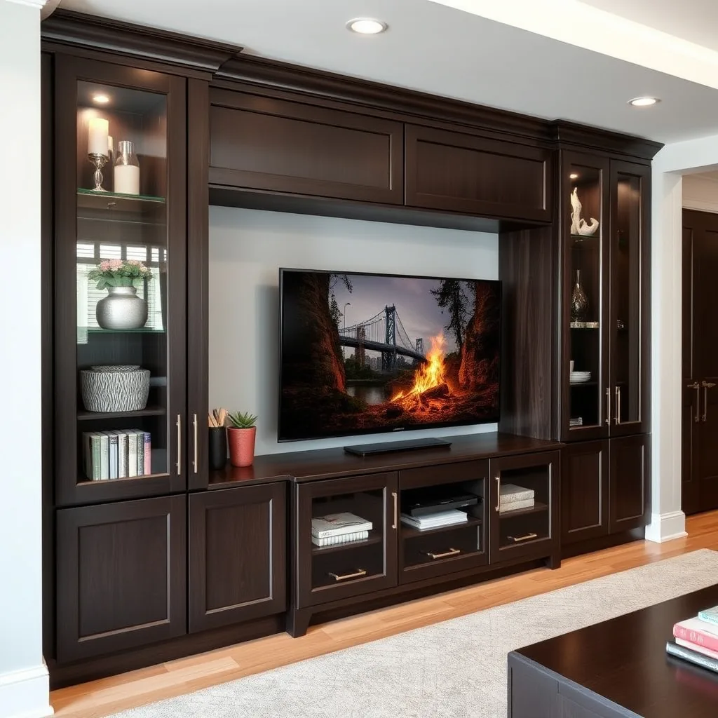 Custom built-in entertainment cabinets with a dark motif built by Porter Homes
