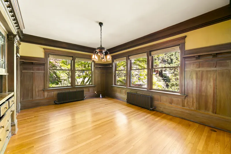 Dining room woodwork, windows and built-in cabinets