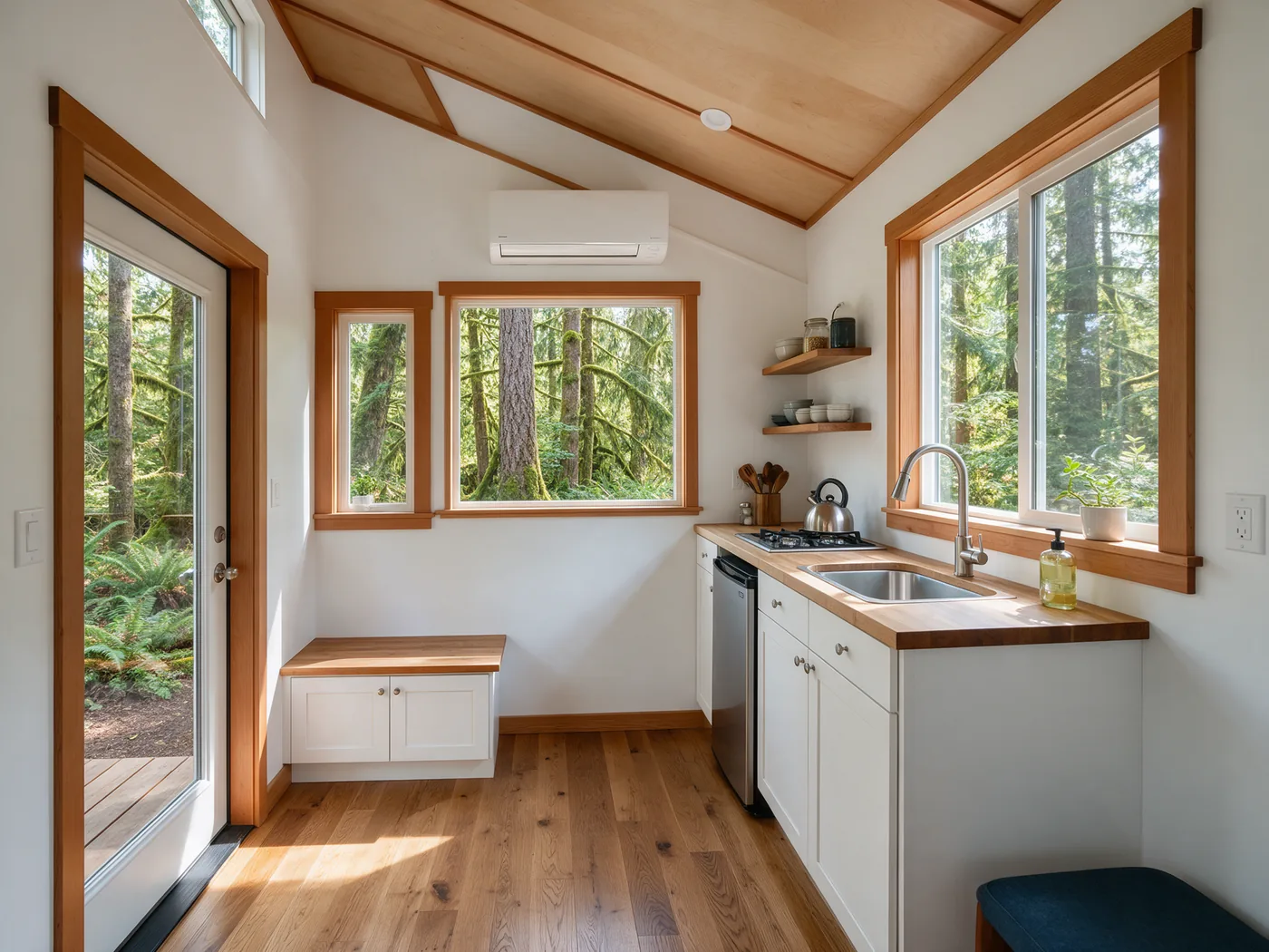 Cozy modern backyard cottage interior with a kitchenette