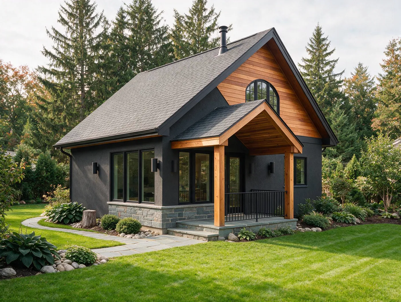 Modern backyard cottage DADU with cedar siding accents in a Pacific Northwest yard