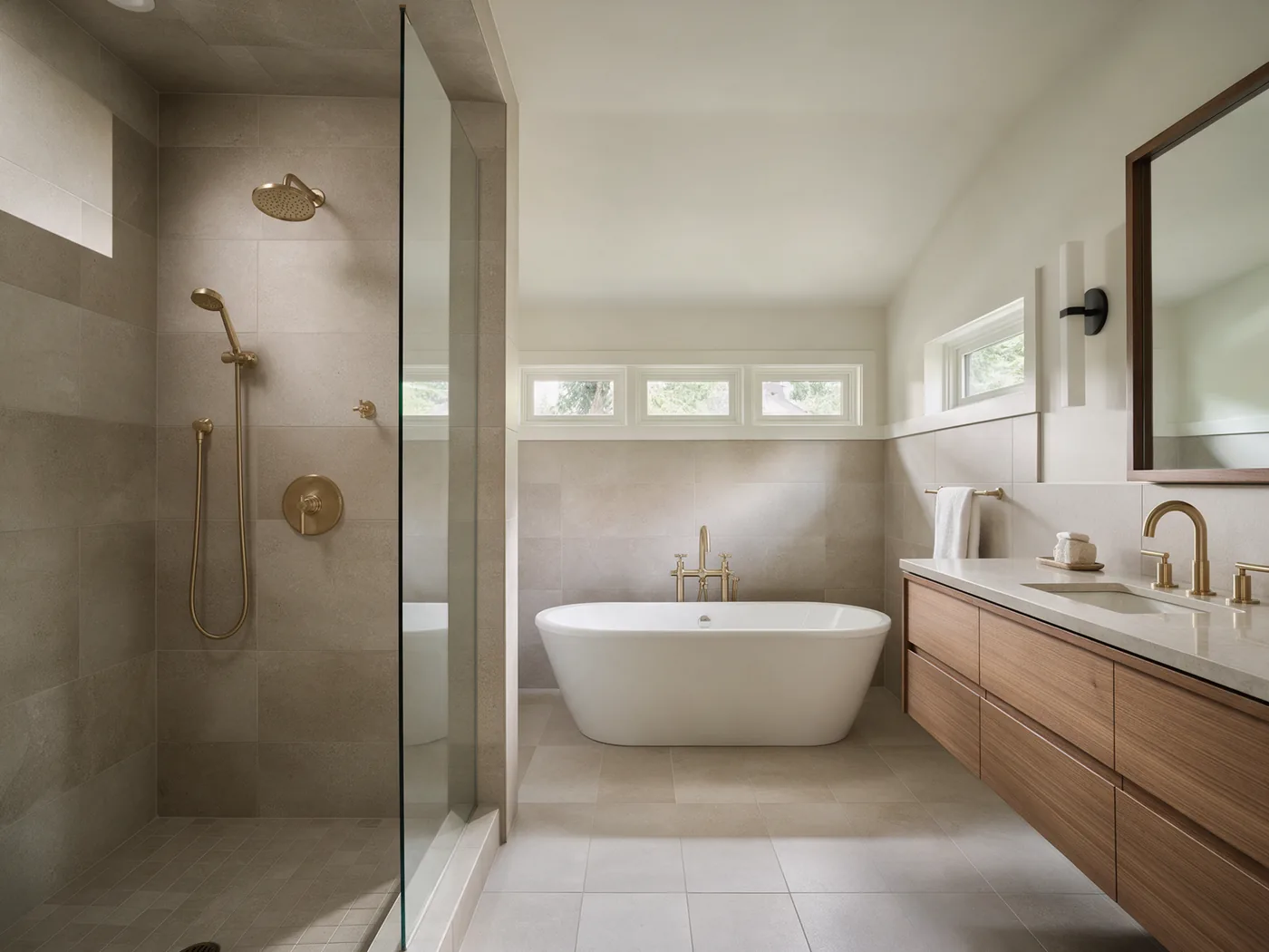 Spa-inspired bathroom remodel with walk-in tiled shower and soaking tub
