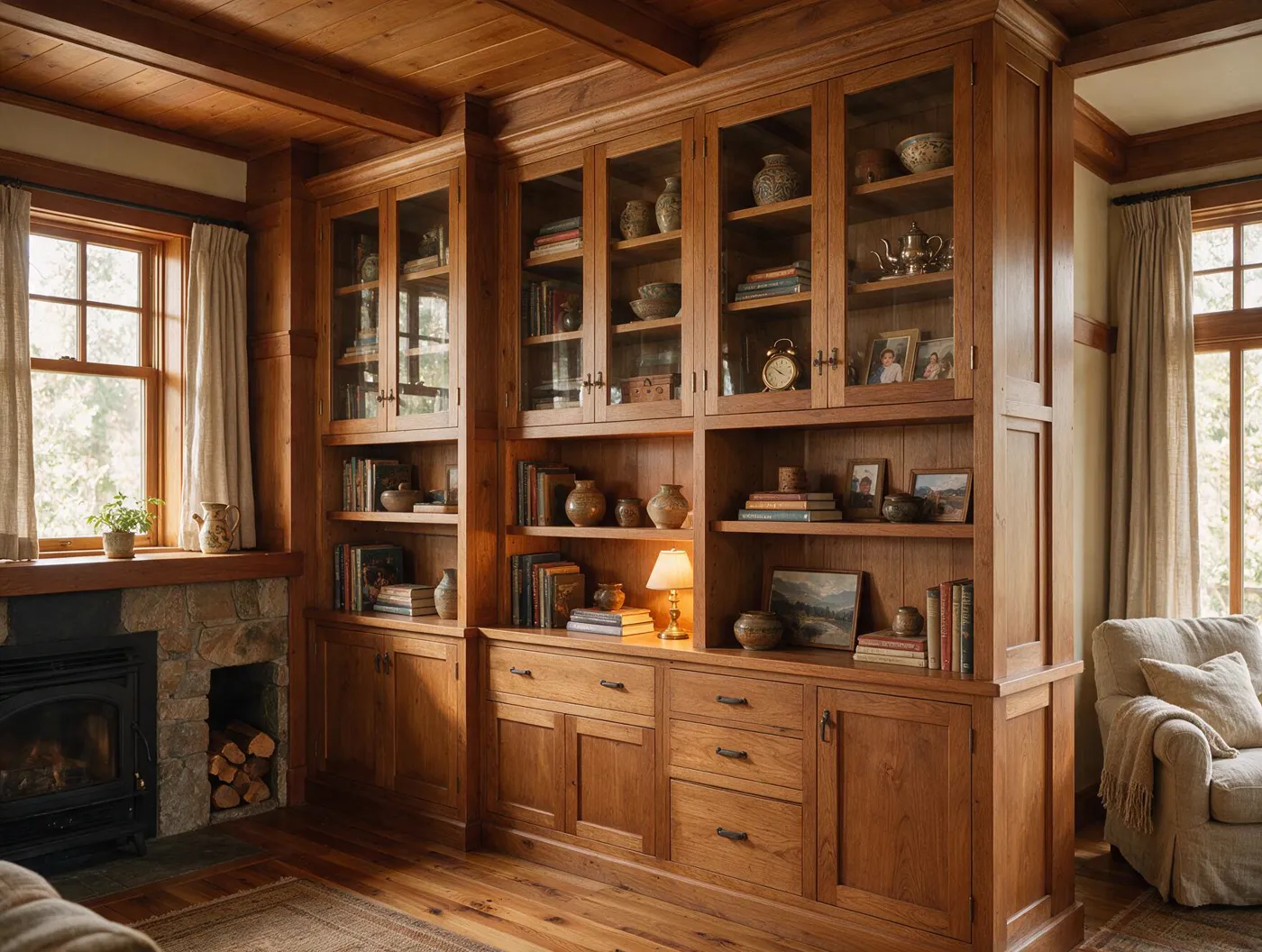 Custom built-in wood cabinetry with glass-front doors in a craftsman home
