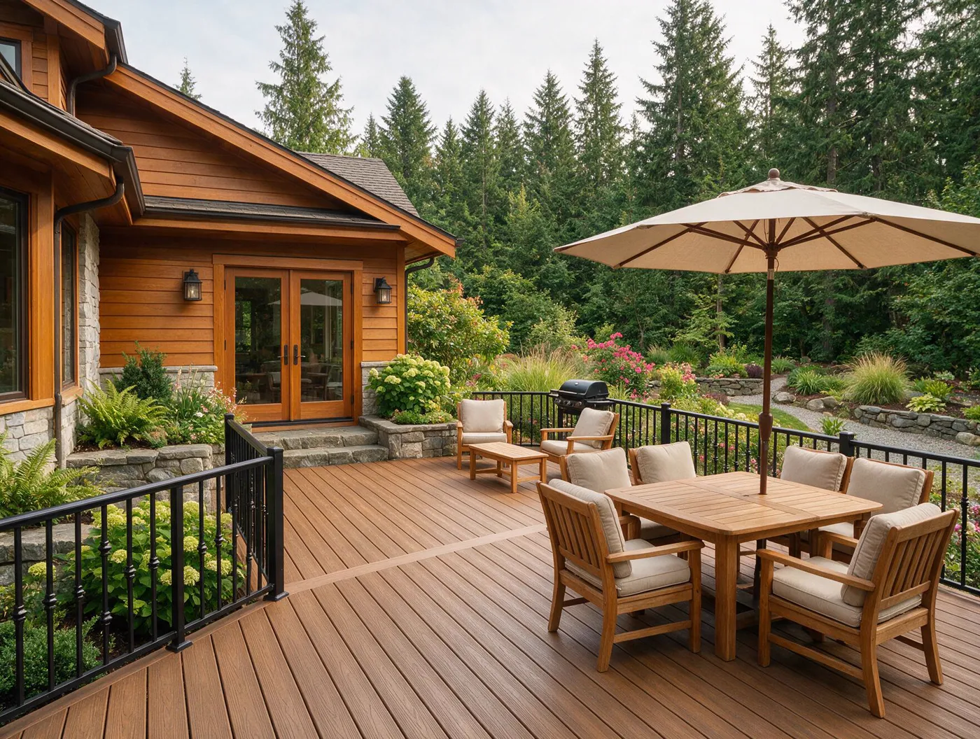 Composite deck with black metal railings on a Pacific Northwest craftsman home
