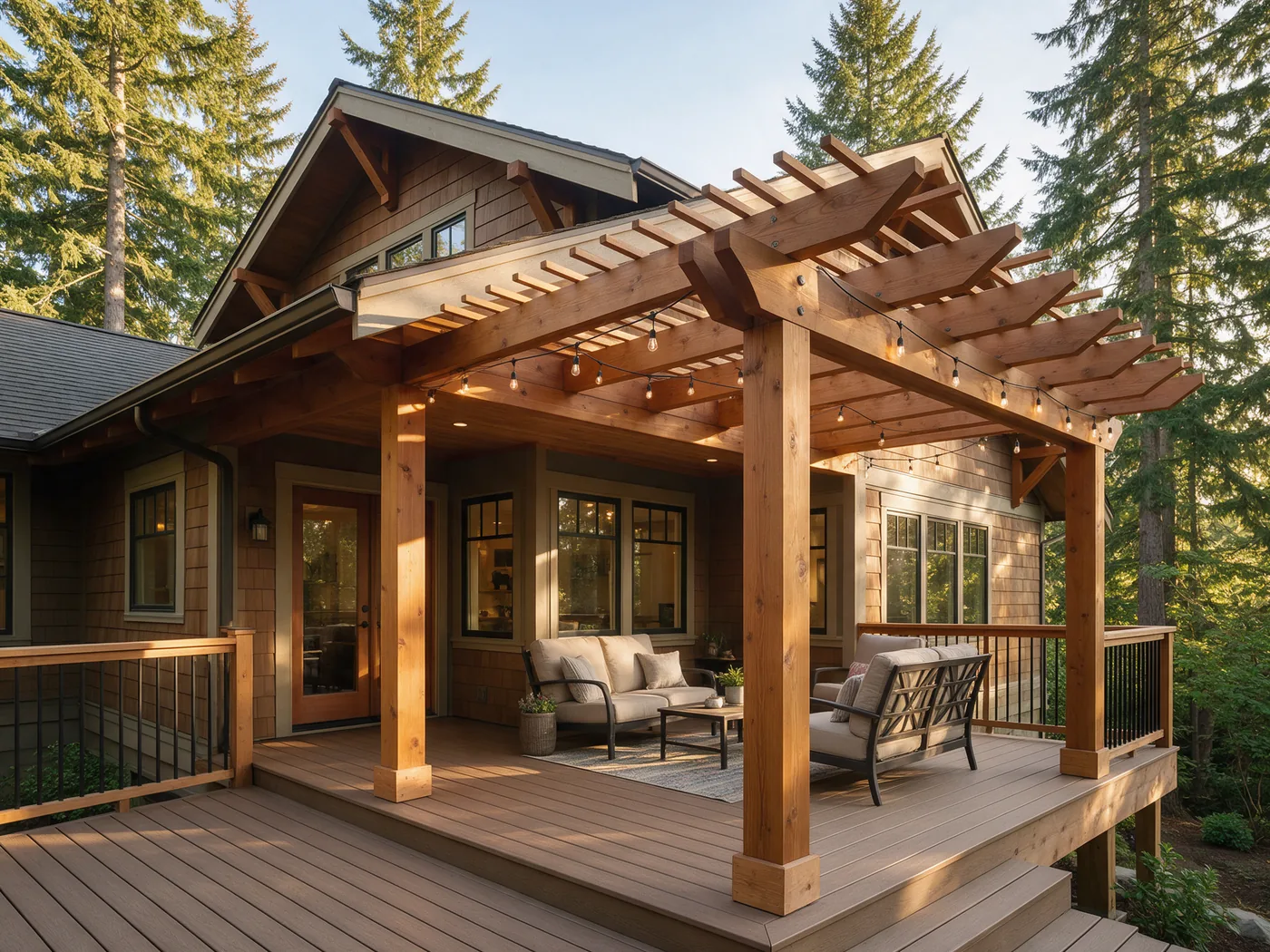Covered cedar back porch with a pergola and outdoor seating