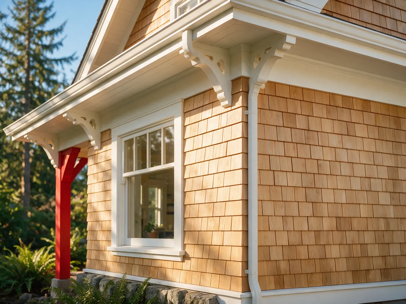 Freshly restored cedar shingle siding with clean white trim on a Pacific Northwest craftsman home
