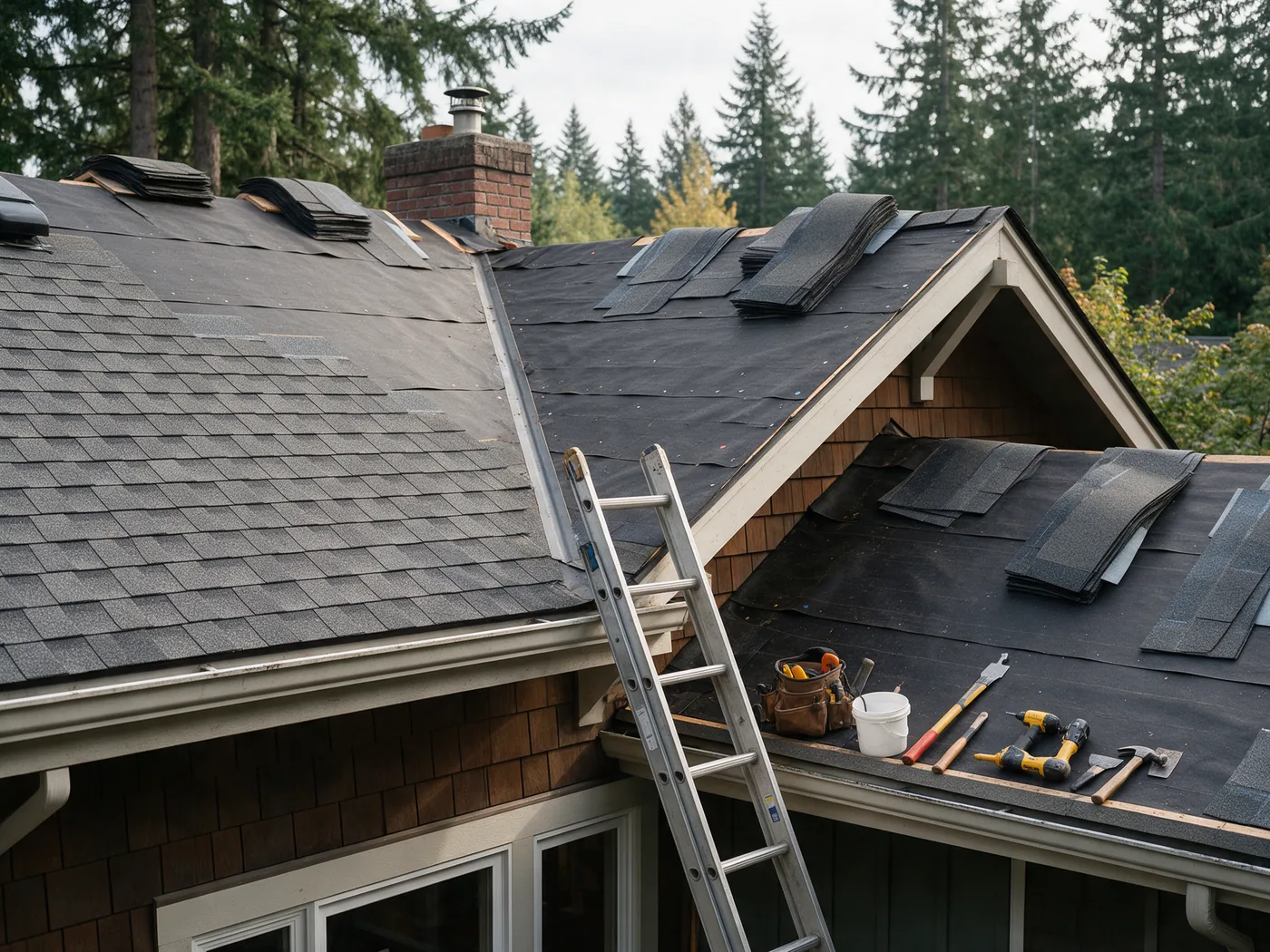 Residential roof under repair with new shingles and underlayment